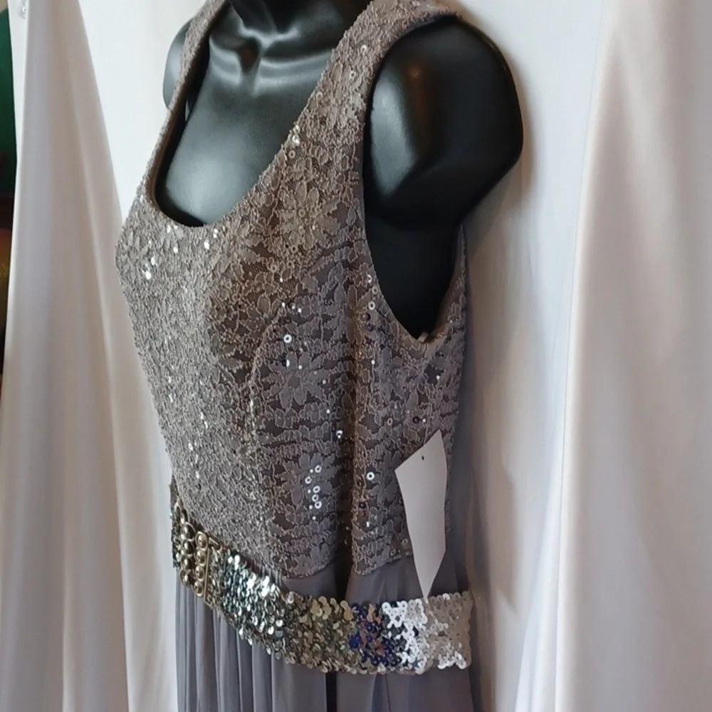R&M Collection Platinum Gown with Lace Sequin bodice, New